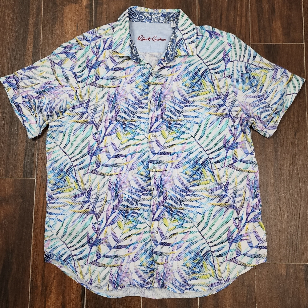 Robert Graham Shirt Mens XL Purple Multicolor Linen Short Sleeve Button Designer